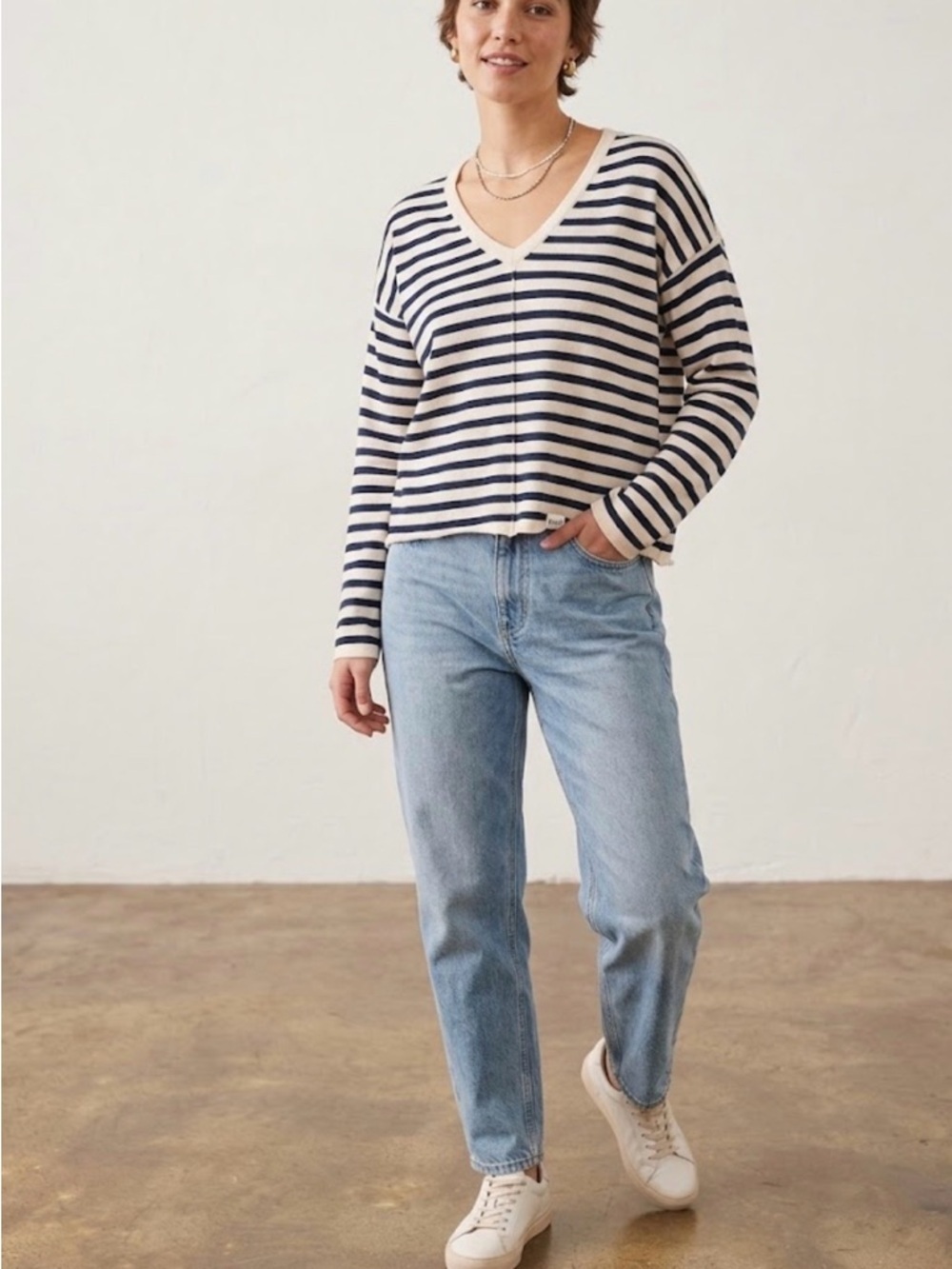 Pact Organic 100% Organic Cotton Navy & White Striped Light V-Neck Sweater S